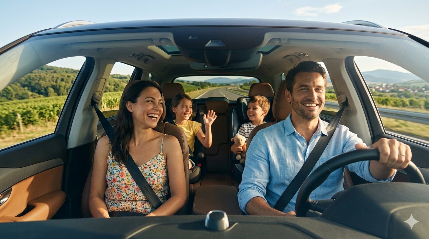 Família feliz viajando de carro por uma estrada